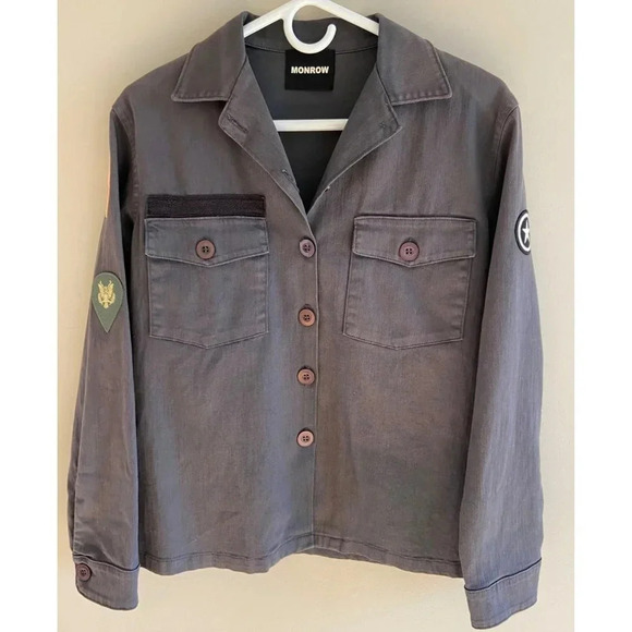 Monrow Charcoal Gray Military Style Shirt Jacket with Patches Size Small Rare - Picture 2 of 9